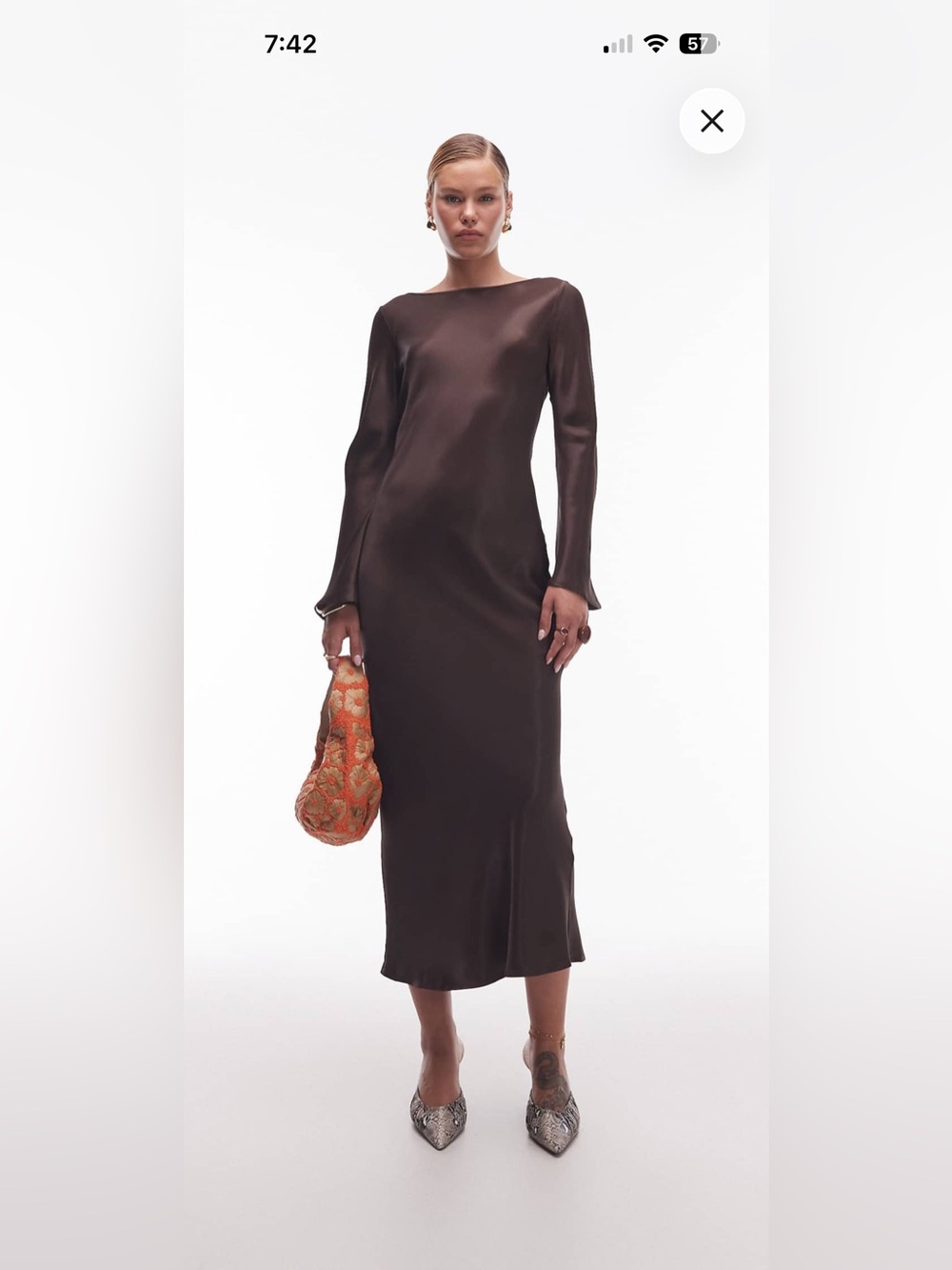 ASOS Chocolate Brown Satin Long Sleeve Midi Dress